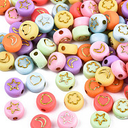 Opaque Mixed Color Acrylic Beads, Metal Enlaced, Flat Round with Golden Star & Flower & Moon & Heart, 7x4mm, Hole: 1.5mm, about 3600pcs/500g(MACR-T038-10-G)