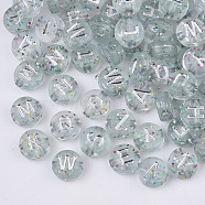Plating Transparent Acrylic Beads, with Glitter Powder, Metal Enlaced, Horizontal Hole, Flat Round with Letter, Silver Plated, 7x4mm, Hole: 1.5mm(X-TACR-T008-01B)