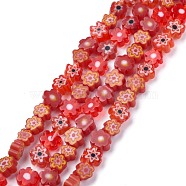 Handmade Millefiori Glass Bead Strands, Flower, Red, 4~7.2x2.6mm, Hole: 1mm, about 60~69pcs/Strand, 16 inch(40cm)(X-LAMP-J035-6mm-07)