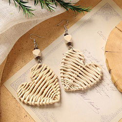 Bohemian Wood & Rattan Wood Woven Dangle Earrings, with Coconut, Platinum, Heart, 80x55mm(WG21945-06)