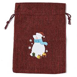 Christmas Theme Jute Cloth Storage Bags, Rectangle Drawstring Bags, FireBrick, Bear, 18x13x0.4cm(ABAG-F010-01B-04)