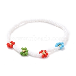 Handmade Daisy Flower Baking Paint & Dyed Glass Seed Beaded Stretch Bracelets, for Women Girls, Crimson, Inner Diameter: 2 inch(5cm)(BJEW-JB07668-01)