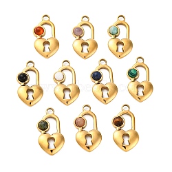 Natural Mixed Stone Pendants, Ion Plating(IP) 304 Stainless Steel Lock Charms, Real 18K Gold Plated, Mixed Dyed and Undyed, 23x12x3.5mm, Hole: 3mm(STAS-Z100-07G)