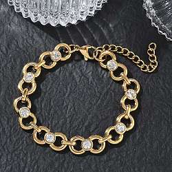 9.5MM 304 Stainless Steel Crystal Rhinestone Bowknot Link Chain Bracelets, Ion Plating(IP), Golden, 7.13 inch(18.1cm)(SA-CBA2696-22G)