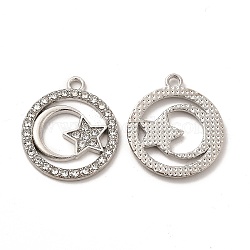 Alloy Crystal Rhinestone Pendants, Flat Round with Moon & Star Pattern Charm, Platinum, 23x20x2mm, Hole: 1.8mm(FIND-G048-16P)