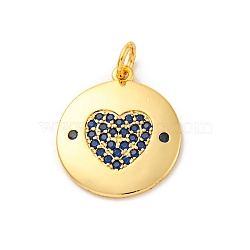 Brass Micro Pave Cubic Zirconia Pendants, Long-Lasting Plated, Lead Free & Cadmium Free, Gold, Round with Heart, Medium Blue, 18.5x16x1.5mm, Hole: 3mm(KK-U033-11G-02)