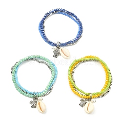 3Pcs 3 Colors Electroplate Glass & Shell Stretch Bracelets for Women, with Alloy Tortoise & Shell Pearl, Mixed Color, 1/8 inch(0.3~0.45cm), Inner Diameter: 2-1/4 inch(5.6cm), 1pc/color(BJEW-TA00381)