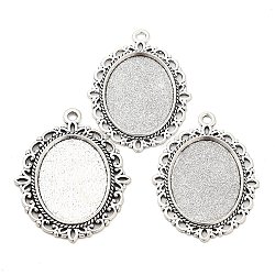 Tibetan Style Alloy Pendant Cabochon Settings, Oval, Antique Silver, Tray: 24.5x7.5mm, 38x28x2mm, Hole: 2mm, about 90pcs/300g(FIND-XCP0002-93AS)
