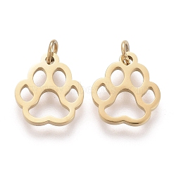 Ion Plating(IP) 304 Stainless Steel Pet Charms, Laser Cut, with Jump Ring, Dog Footprint, Golden, 9x8x0.8mm, Jump Ring: 3x0.5mm, 1.4mm Inner Diameter(STAS-H100-26G)