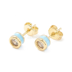 Column Cubic Zirconia Stud Earrings with Enamel, Real 18K Gold Plated Brass Earrings for Women, Cadmium Free & Nickel Free & Lead Free, Aqua, 14.5x5mm, Pin: 0.6mm(EJEW-P196-02G-01)