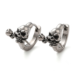 316 Surgical Stainless Steel Hoop Earrings, Skull with Flower, Antique Silver, 13x13.5mm(EJEW-Q795-12AS)