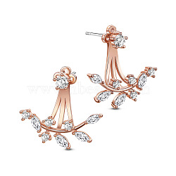 SHEGRACE Trendy Real 18K Gold Plated Brass Ear Jackets, with Micro Pave AAA Cubic Zirconia Twig, Rose Gold, 20mm(JE323A)