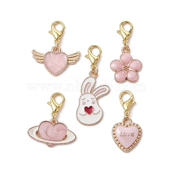 Valentine's Day Theme Alloy Enamel Pendant Decoration, with Alloy Lobster Claw Clasps, Heart/Rabbit/Flower, Golden, 25.5~38mm(HJEW-JM01408)