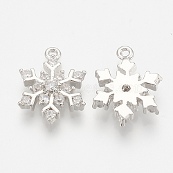 Brass Micro Pave Cubic Zirconia Charms, Snowflake, Nickel Free, Real Platinum Plated, 14x11x3mm, Hole: 1mm(X-ZIRC-Q014-001P)