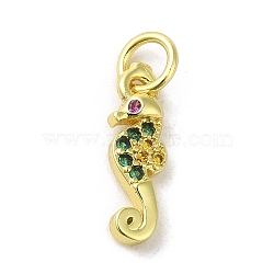 Real 18K Gold Plated Brass Pave Cubic Zirconia Pendants, with Jump Rings, Sea Horse, Colorful, 14x4x2mm, Hole: 3mm(KK-M283-12B-02)