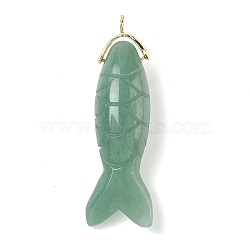 Natural Green Aventurine Carved Pendants, Fish Charms with Brass Findings, Golden, 47x15x12mm, Hole: 1.6mm(G-P599-08G-06)
