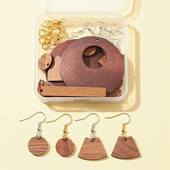 DIY Geometry Earring Making Kit, Including Flat Round & Teardrop & Bar Walnut Wood Pendants, Iron Earring Hooks, Mixed Color, 24Pcs/box