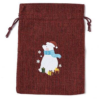 Christmas Theme Jute Cloth Storage Bags, Rectangle Drawstring Bags, FireBrick, Bear, 18x13x0.4cm