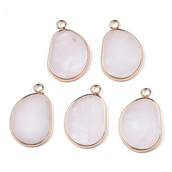 Natural Rose Quartz Pendants, with Golden Plated Brass Edge and Loop, Bean, 25.5x16x2mm, Hole: 2.5mm