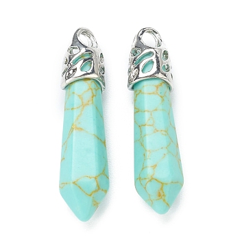 Bullet Synthetic Turquoise Pendants, with Platinum Tone Alloy Findings, 33~40x8~10mm, Hole: 3x2mm