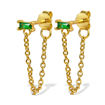 Real 18K Gold Plated 925 Sterling Silver Chains Front Back Stud Earrings, with Rectangle Cubic Zirconia, Green, 48x4mm