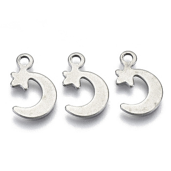 201 Stainless Steel Charms, Laser Cut, Moon with Star, Stainless Steel Color, 14x9x0.7mm, Hole: 1.6mm