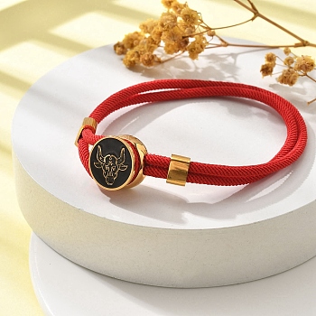 Constellation Nylon Cords Multi-strand Bracelets, Double Chain Jewelry for Women Men, with Golden Brass Findings & Enamel Charm, Red, Taurus, 8 inch(20.3cm)