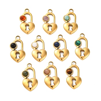 Natural Mixed Stone Pendants, Ion Plating(IP) 304 Stainless Steel Lock Charms, Real 18K Gold Plated, Mixed Dyed and Undyed, 23x12x3.5mm, Hole: 3mm