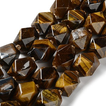 Natural Tiger Eye Beads Strands, with Seed Beads, Faceted, Rhombus, 17~21x13~16x12~15mm, Hole: 1.2~1.4mm, about 18~19pcs/strand, 15.35~15.79 inch(39~40.1cm)