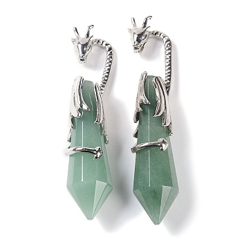 Natural Green Aventurine Faceted Pointed Bullet Big Pendants, Rack Plating Brass Dragon Charms, Lead Free & Cadmium Free, Platinum, 73.5~78.5x15.5~16.5x15.5~16.5mm, Hole: 4x2.5mm