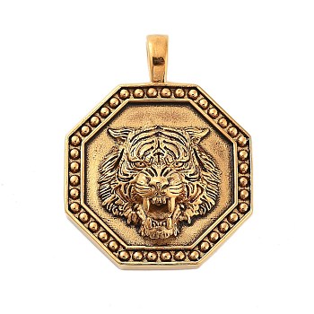 Titanium Steel Pendants, Octagon with Tiger Head Charm, Antique Golden, 46x36x7mm, Hole: 8x5mm