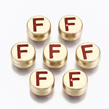 Alloy Enamel Beads, Cadmium Free & Lead Free, Flat Round with Initial Letters, Light Gold, Red, Letter.F, 8x4mm, Hole: 1.5mm