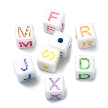 Opaque Acrylic Beads, AB Color, Cube with Letter A~Z, Mixed Color, 14x14x14mm, Hole: 3.7mm