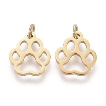 Ion Plating(IP) 304 Stainless Steel Pet Charms, Laser Cut, with Jump Ring, Dog Footprint, Golden, 9x8x0.8mm, Jump Ring: 3x0.5mm, 1.4mm Inner Diameter
