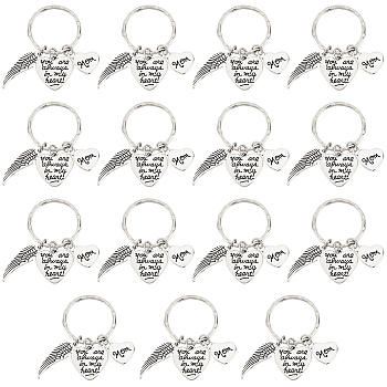Olycraft Mother's Day Theme, Alloy Keychain, with Iron Key Ring, Wing and Heart with Word, Antique Silver, 18~30x9~21x1.5~3mm, 15pcs/box