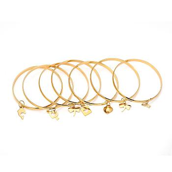 304 Stainless Steel Bangle Sets, with Mixed Shape Charm, Golden, 68mm, 5.4mm, about 7pcs/set