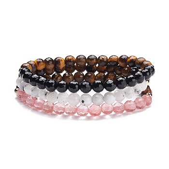 Round Natural Mixed Stone Beads Stretch Bracelets Set, Bracelets for Girl Women, Inner Diameter: 2-1/8 inch(5.5cm), 3pcs/set