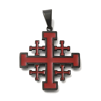 304 Stainless Steel Enamel  Pendants, Jerusalem Cross Charm, Black, 34x31x2mm, Hole: 9x5.5mm