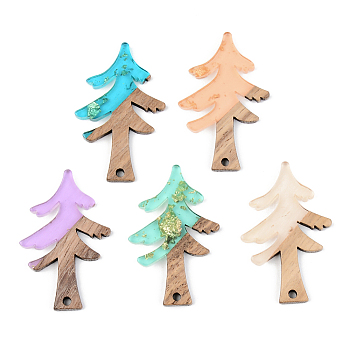 Transparent Resin & Walnut Wood Pendants, with Gold Foil, Christmas Tree, Mixed Color, 38x24.5x3mm, Hole: 2mm