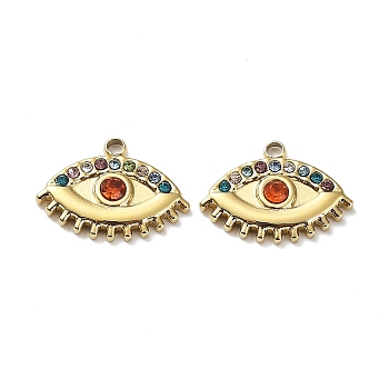 Ion Plating(IP) 304 Stainless Steel Pendants, with Colorful Rhinestone, Eye Charm, Real 18K Gold Plated, 12x15.5x3mm, Hole: 1.4mm