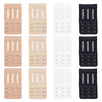 12Pcs 4 Colors Microfiber 3 Rows x 3 Hooks Underwear Bra Extenders, with 201 Stainless Steel Rings & Hooks, Rectangle, Mixed Color, 97x57x4mm, 3pcs/color