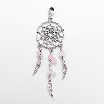 Alloy European Dangle Charms, Woven Net/Web with Feather, with Natural Rose Quartz Beads, Antique Silver, 95mm, Hole: 4.5mm
