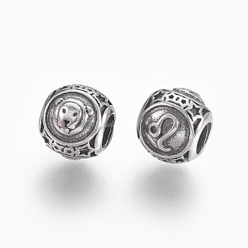 316 Surgical Stainless Steel European Beads, Large Hole Beads, Rondelle with Constellations Leo, Antique Silver, 10x9mm, Hole: 4mm