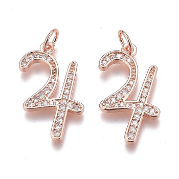 Brass Micro Pave Clear Cubic Zirconia Pendants, Long-Lasting Plated, Figure 4, Real Rose Gold Plated, 21x15x1.5mm, Hole: 3mm