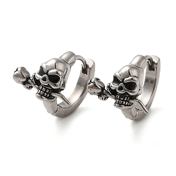 316 Surgical Stainless Steel Hoop Earrings, Skull with Flower, Antique Silver, 13x13.5mm