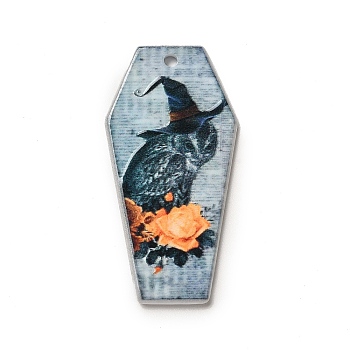 Halloween Printed Acrylic Pendants, Coffin Charm, Owl, 41x21x2.5mm, Hole: 1.8mm