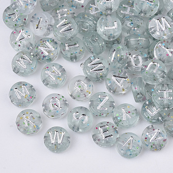 Plating Transparent Acrylic Beads, with Glitter Powder, Metal Enlaced, Horizontal Hole, Flat Round with Letter, Silver Plated, 7x4mm, Hole: 1.5mm
