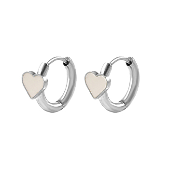 Natural Shell Heart Hoop Earrings, 304 Stainless Steel Earrings, Stainless Steel Color, 11x6mm