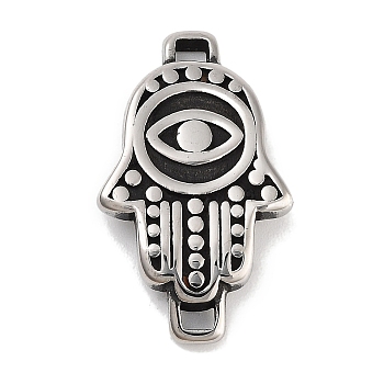 Retro 304 Stainless Steel Hamsa Hand Links, for Leather Cord Bracelets Making, Antique Silver, 25x15x3.5mm, Hole: 1.8x1.5mm