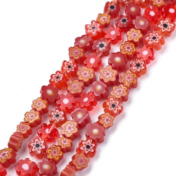 Handmade Millefiori Glass Bead Strands, Flower, Red, 4~7.2x2.6mm, Hole: 1mm, about 60~69pcs/Strand, 16 inch(40cm)